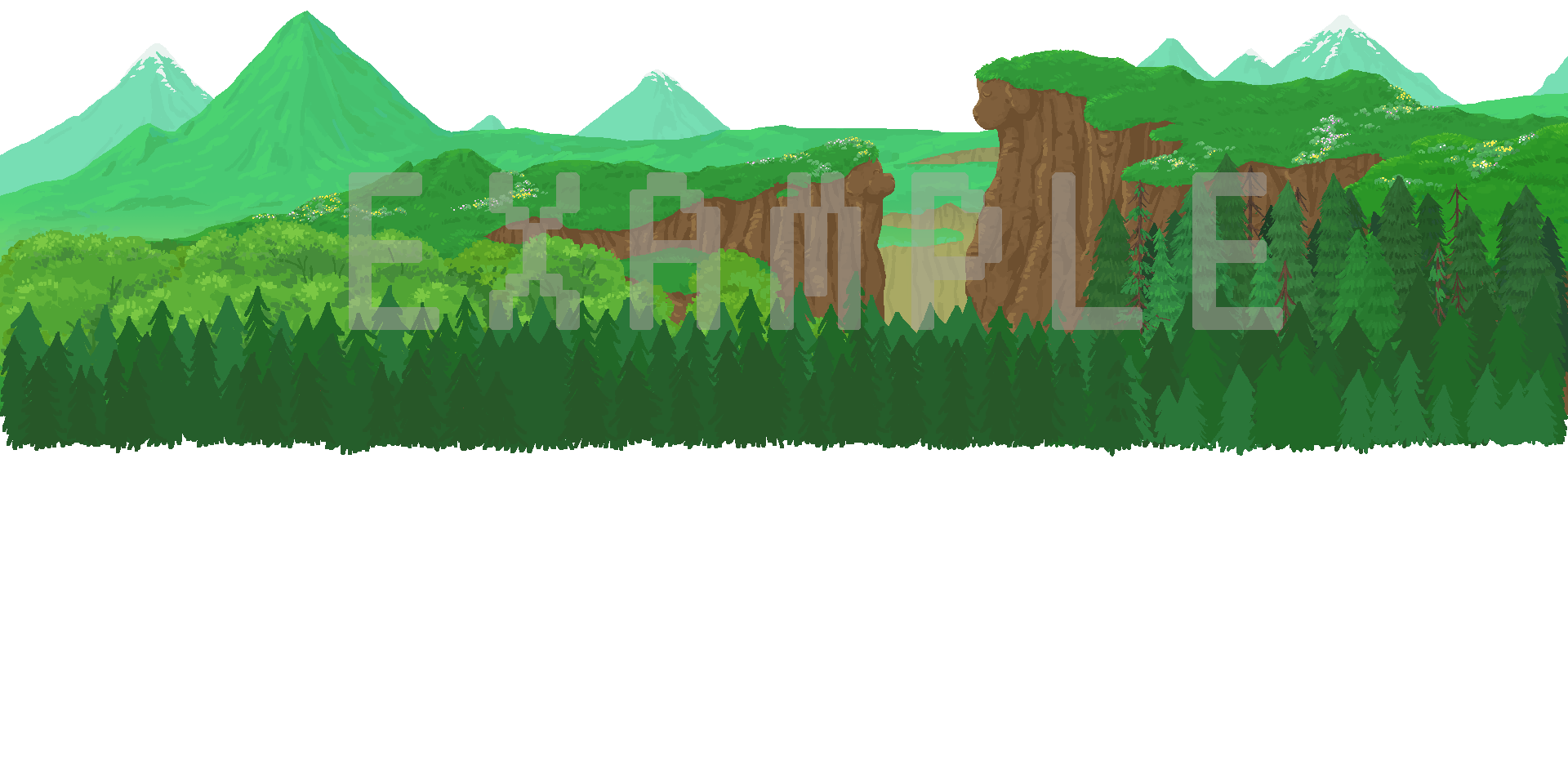 Composite example showing all the hand-painted background layers stacked together, with distant snow-capped mountains, green hills with cliff faces, oak treeline, and dense pine forest in the foreground