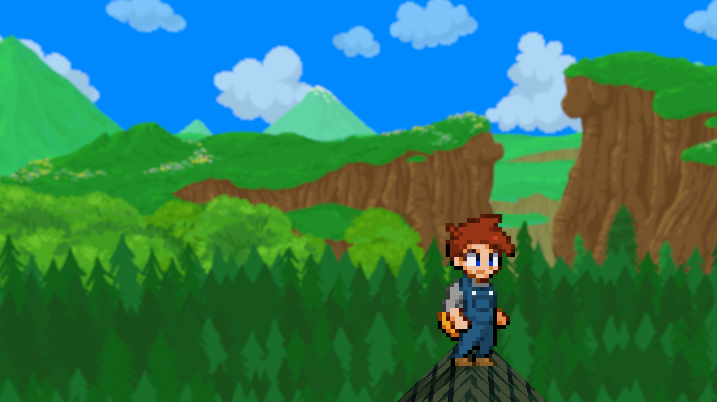 Another in-game screenshot showing the layered background from a different position on the farm, with the pine forest and mountain layers visible behind buildings and terrain