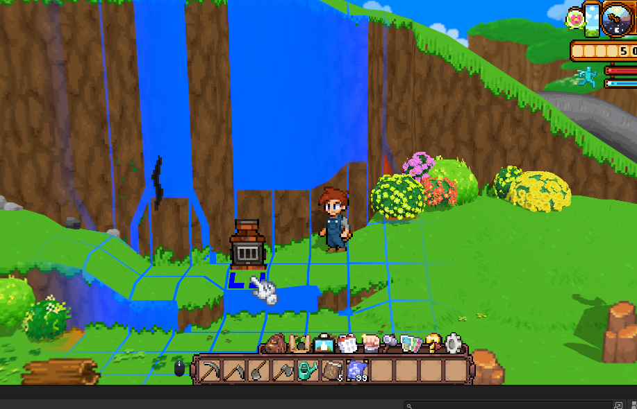 In-game screenshot showing blue placement grid lines incorrectly rendering on a waterfall and vertical cliff faces instead of only on flat walkable ground