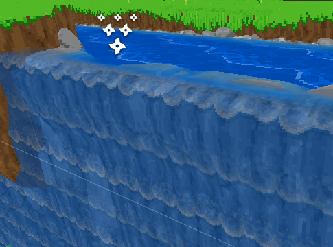 Scene view of the waterfall in Cornucopia showing improved blending where the waterfall meets the river water at the top of the cliff