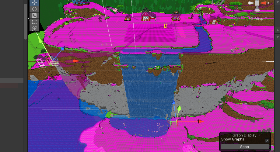 Scene view showing the A star pathfinding graph rendered as a mesh of blue walkable nodes over the terrain, covering the farm, junction, and ocean zones