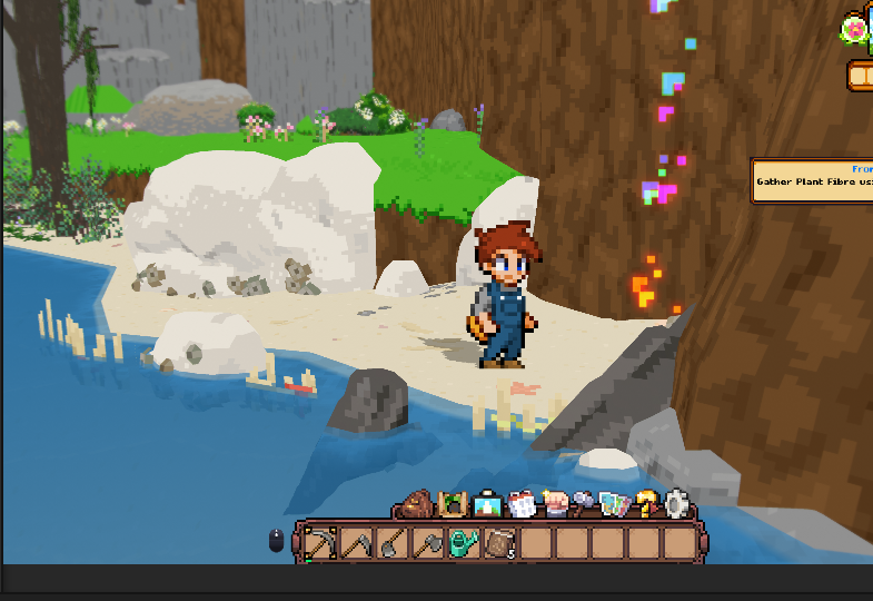 In-game view of the player character standing on the beach after warping down from the farm, with ocean and cliffs in the background