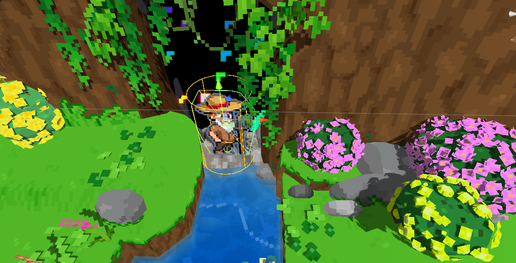 Scene view of Rufus the farmer sprite placed inside a cave as a reference for the player's spawn position after warping into the cave