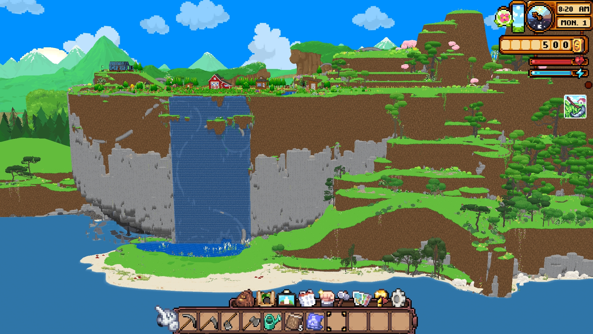 Wide establishing view of the full map showing the farm at the top of the cliff, a waterfall cascading down the cliff face into a pool, and the new beach and ocean zone spreading out at the bottom