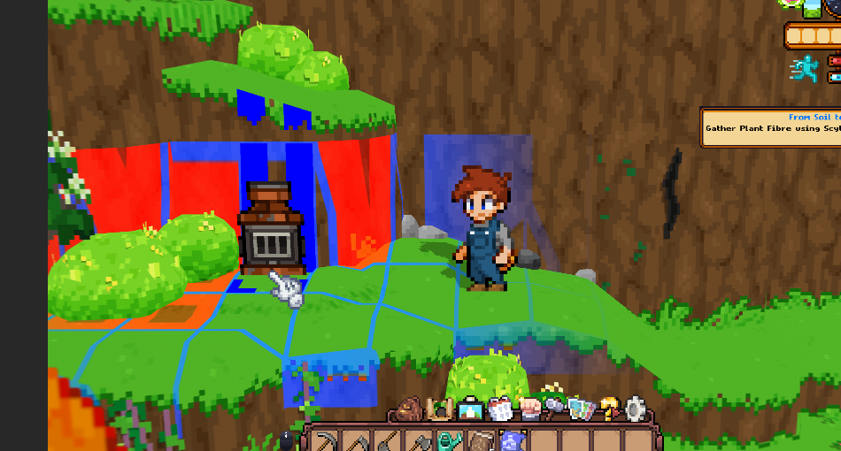 In-game screenshot showing red blocked tiles and blue placement grid lines incorrectly drawing onto a vertical waterfall and cliff face behind the player's saw fixture