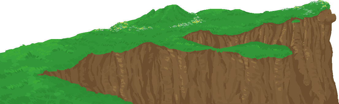 Closer cliff layer on its own, a detailed brown rocky cliff wall with a grassy top that has little yellow and white flowers scattered along the edge