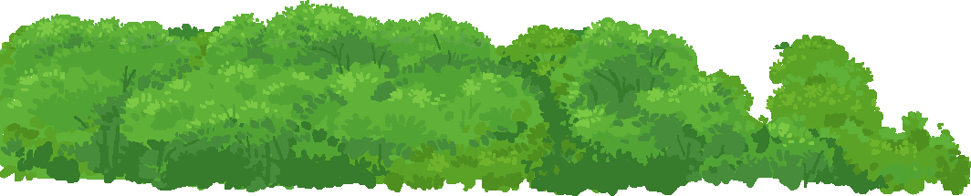 Oak treeline layer on its own, a long row of bushy green oak tree canopies painted as silhouetted foliage clumps with no trunks visible