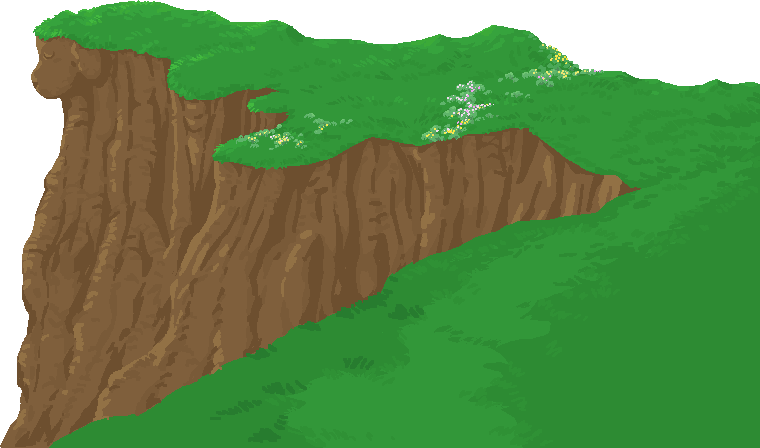 Right-side cliff half on its own, a mirrored brown rocky cliff wall with a grassy top, matching the left half so the two tile together across the scene