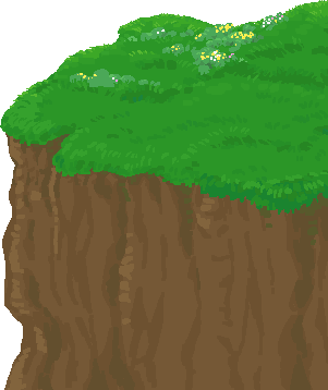 A small grass-topped cliff chunk on its own, a single close-up piece of brown cliff with grass and little flowers on the top edge, painted as a foreground accent piece