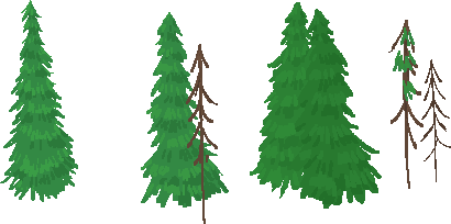 A small set of four individual pine sprites in different shapes, some fuller, some thinner, painted as separate pieces for scattering into the foreground