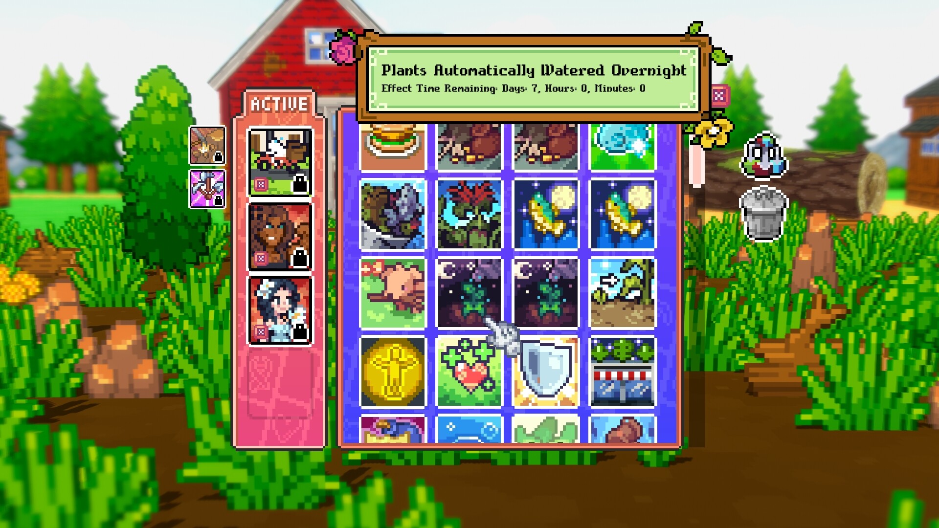 Card buff menu showing equipped cards with glowing effects